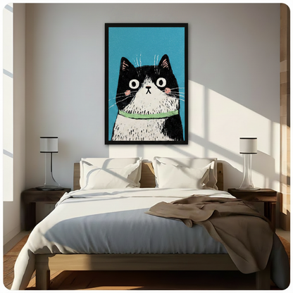 Framed funny black and white cat cartoon canvas print above bed in sunlit bedroom – teal background whimsical cat wall art for bedroom