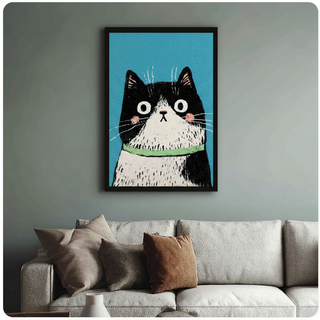 Framed funny black and white cat wall art above cream sofa on sage green wall – bold teal cat portrait canvas print for living room decor