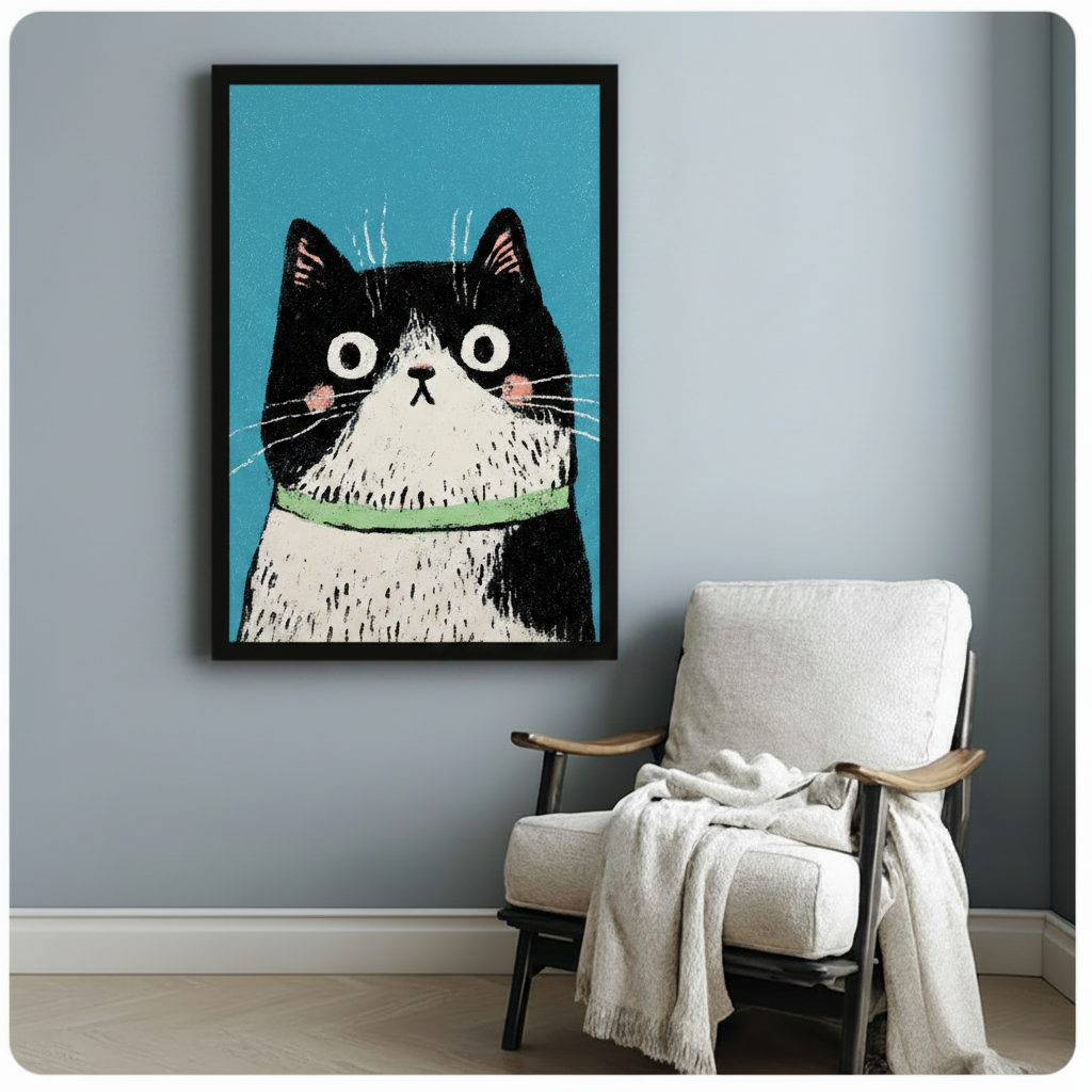 Whimsical big-eyed black and white cat framed canvas beside white armchair – playful crayon style cat portrait wall art for home decor