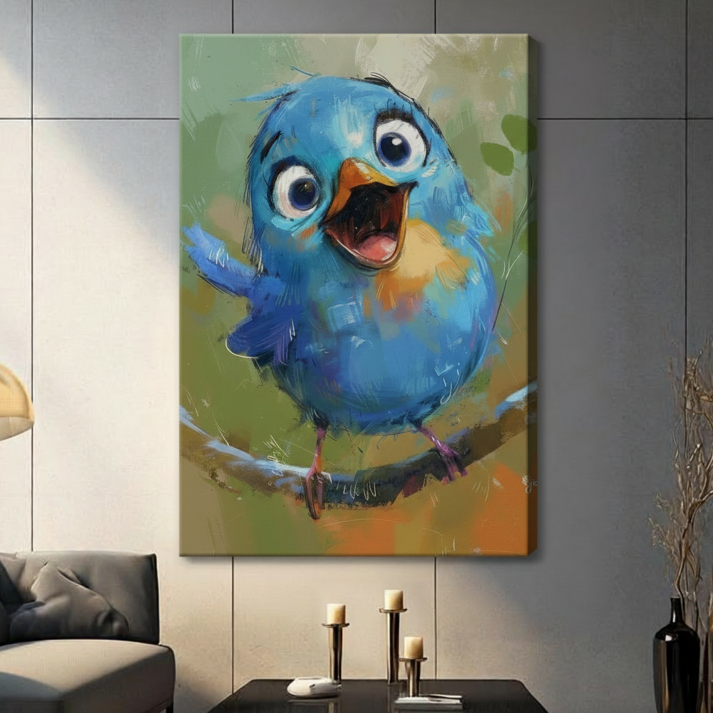 Chubby blue bird with big round eyes on colorful green background, stretched canvas print displayed on grey wall in contemporary living room