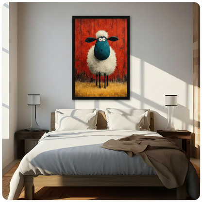 Whimsical blue face sheep framed canvas displayed above bed in sunlit neutral bedroom - bold and playful farm animal wall art for eclectic bedroom decor