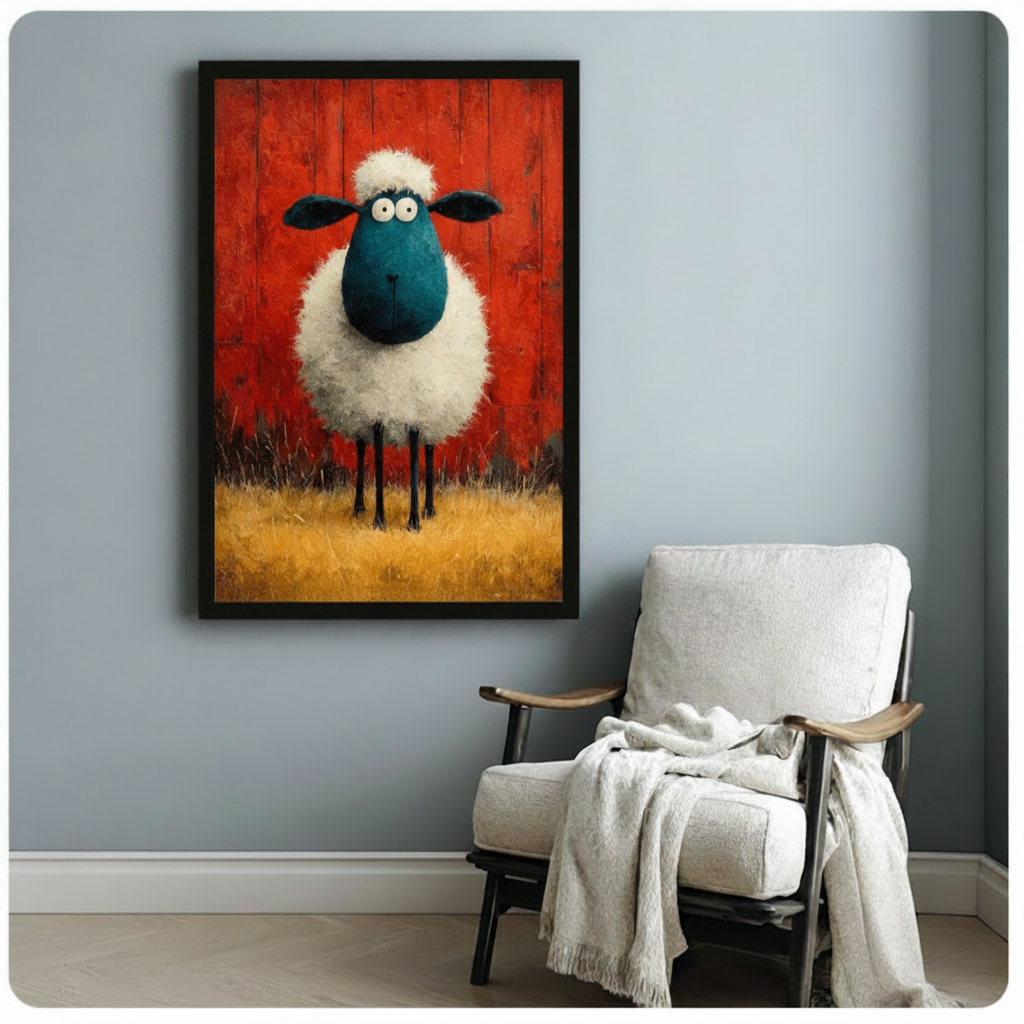 Framed quirky blue sheep oil painting beside wooden accent chair with throw blanket - bold farm animal wall art for reading nook or playful living space