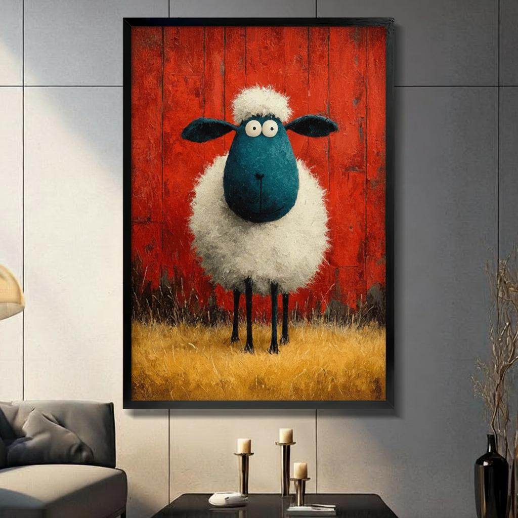 funny-blue-face-sheep-red-barn-framed-canvas-dark-living-room