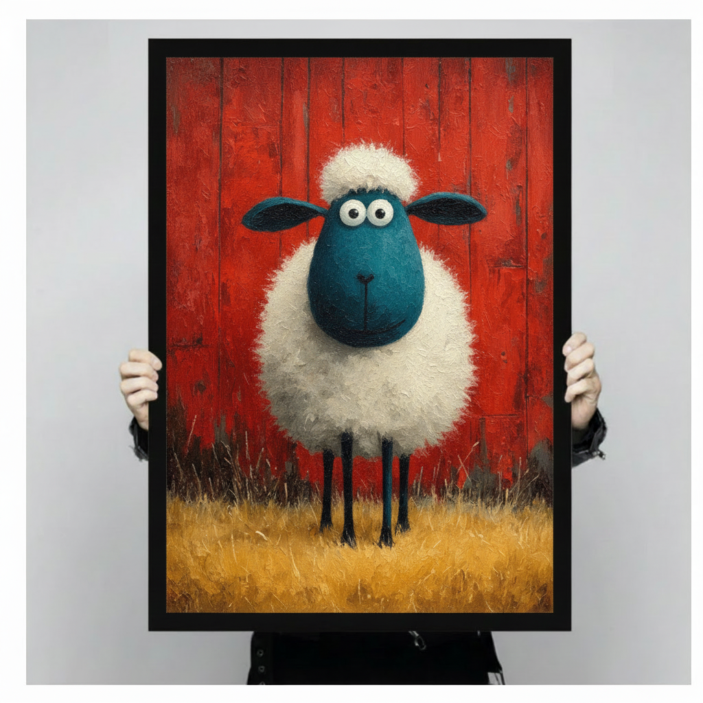 Hands holding large framed blue-faced sheep canvas print - full artwork detail of whimsical farm animal oil painting with red barn wood texture and golden grass