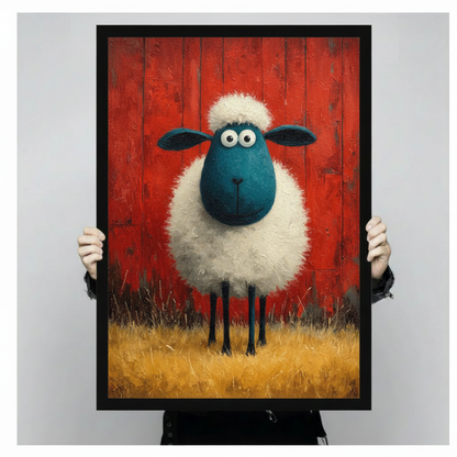 Hands holding large framed blue-faced sheep canvas print - full artwork detail of whimsical farm animal oil painting with red barn wood texture and golden grass