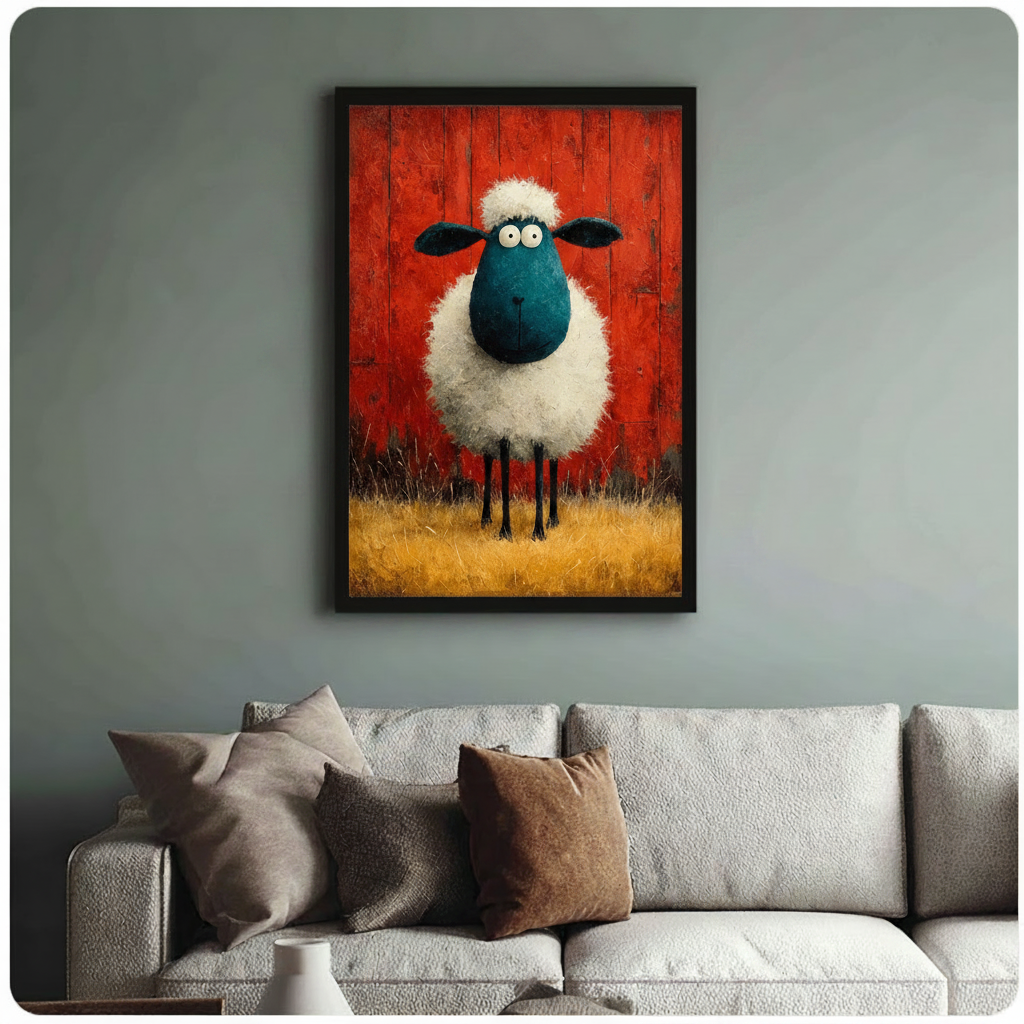 Blue-faced sheep framed art print above cream linen sofa on sage grey wall - humorous farm animal canvas wall decor with vibrant red and amber palette