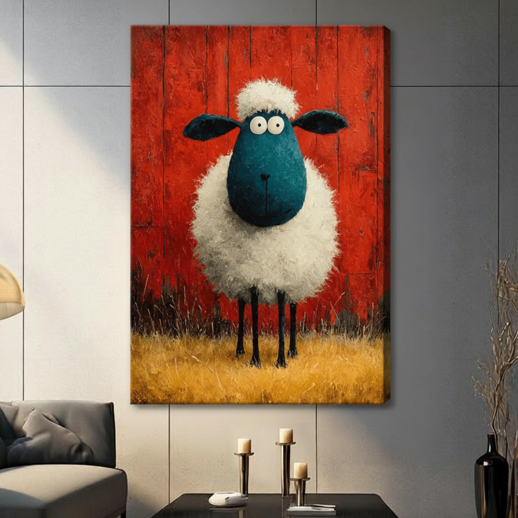 Unframed whimsical blue face sheep canvas print with red barn wood background - quirky farm animal wall art in bold red and golden tones for modern home decor