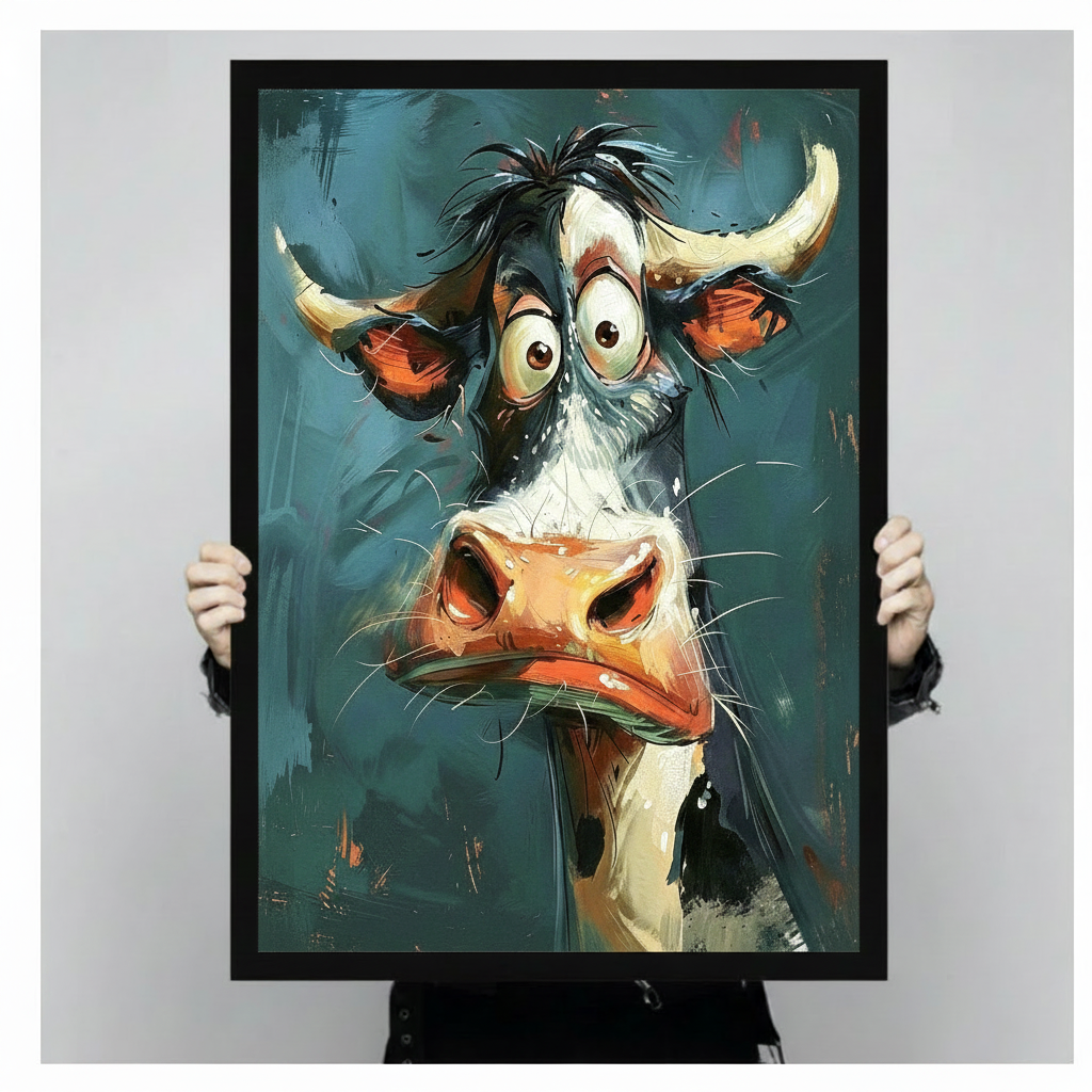Funny cartoon cow expressive impasto canvas wall art in black frame held by person against neutral gray background, whimsical close-up portrait of bug-eyed cow with tousled black hair curved ivory horns orange-red ears and exaggerated oversized snout on deep teal gestural brushstroke background