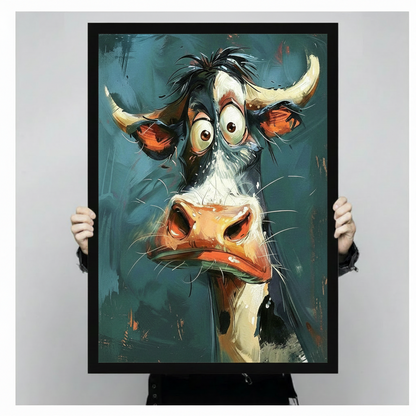 Funny cartoon cow expressive impasto canvas wall art in black frame held by person against neutral gray background, whimsical close-up portrait of bug-eyed cow with tousled black hair curved ivory horns orange-red ears and exaggerated oversized snout on deep teal gestural brushstroke background