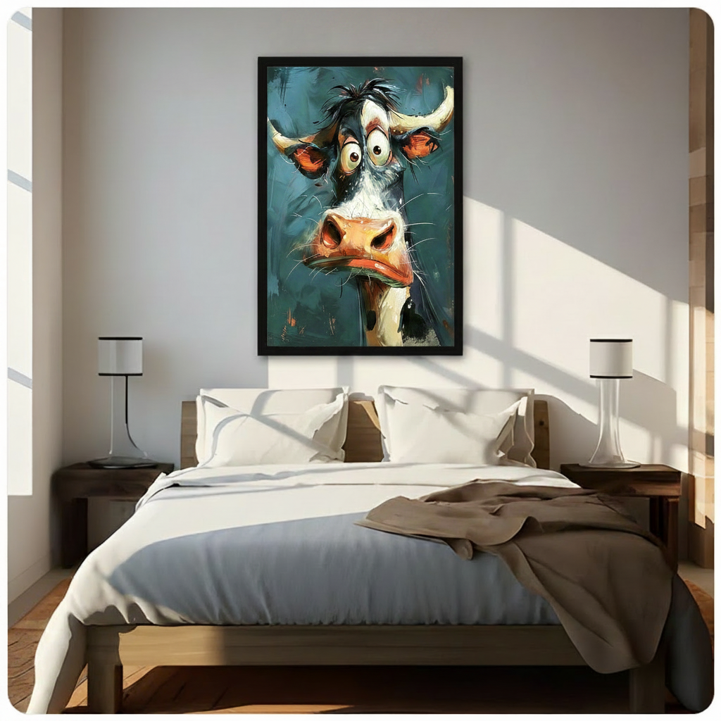 Funny cartoon cow expressive impasto framed canvas wall art in black frame above wooden bed with white bedding in sunlit modern bedroom with matching white cylindrical bedside lamps, whimsical bug-eyed cartoon cow portrait with wild hair and big muzzle on teal background