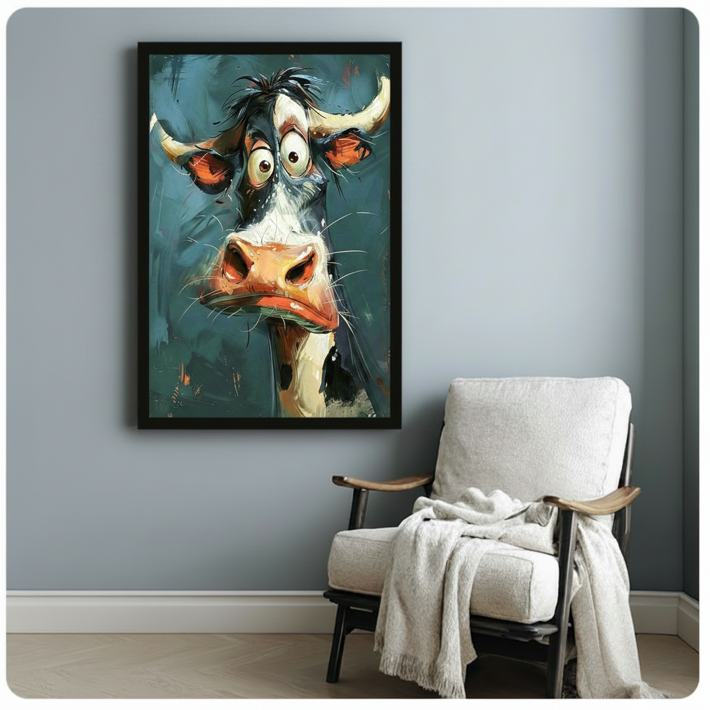 Funny cartoon cow expressive impasto framed canvas wall art in black frame on blue-gray wall beside white linen lounge armchair with wooden arms and draped cream throw blanket, bold whimsical cartoon cow close-up portrait with bug eyes curved horns and orange ears on teal brushstroke background