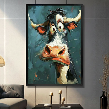 Funny cartoon cow expressive impasto framed canvas wall art in black frame on light gray wall above console table with candle holders and black vase beside gray sofa in modern American living room, bold close-up portrait of bug-eyed cow with wild black hair curved horns orange ears and oversized muzzle on teal brushstroke background