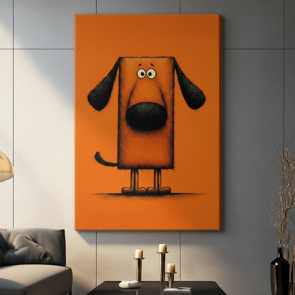 Whimsical square dog canvas wrap print on orange background – frameless wall art for modern living room