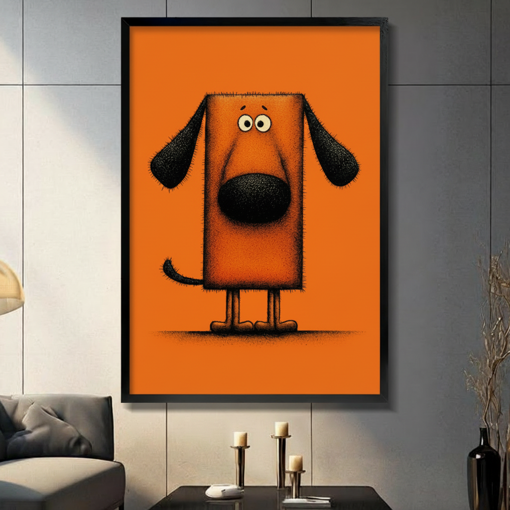Funny cartoon dog wall art in black frame on dark wall – bold orange background – quirky pet print for living room