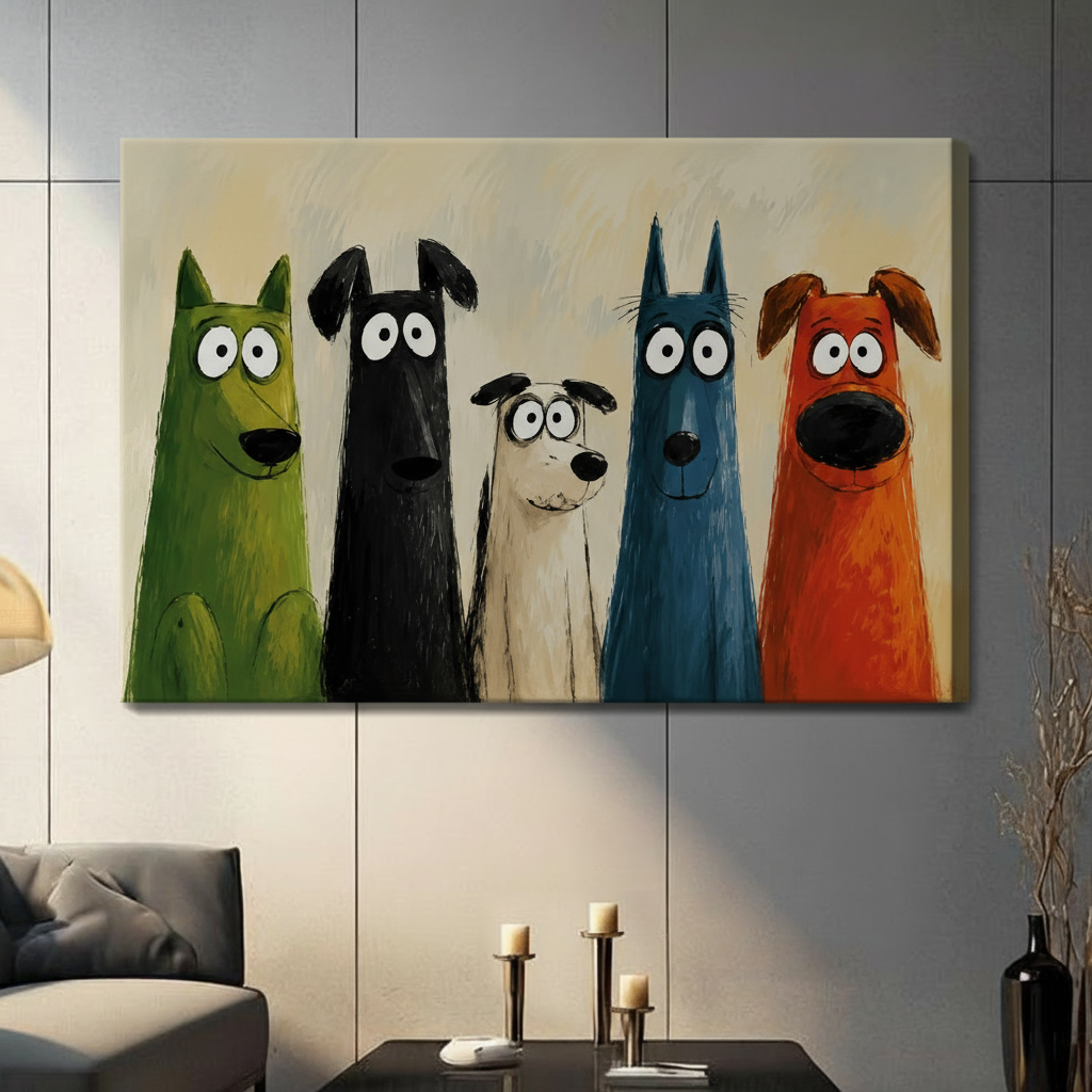 Frameless canvas print of five quirky cartoon-style dogs in vivid colors with big round eyes, hung on a modern living room wall above a console table