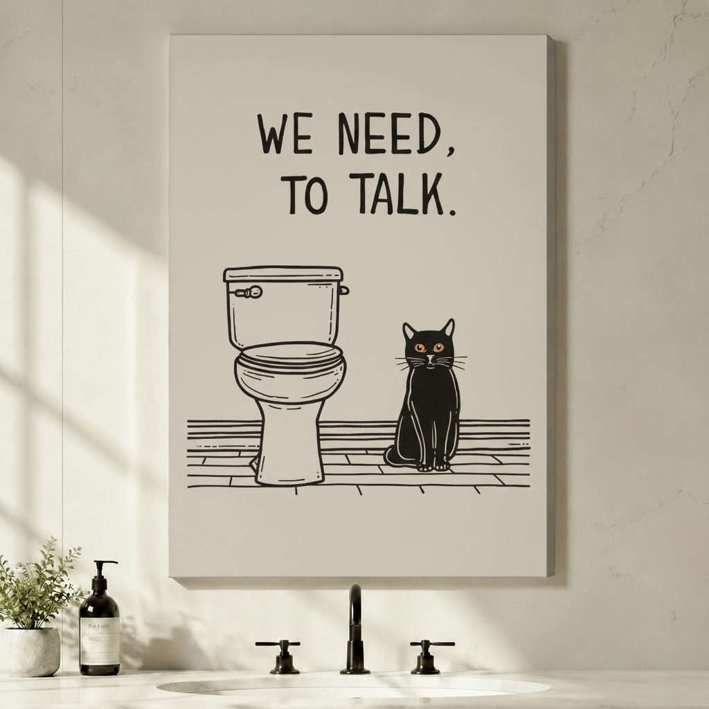 Stretched canvas wall art of a witty we need to talk black cat bathroom print featuring bold blocky hand-lettered we need to talk above a simple line art toilet and a stern black cat with glowing amber eyes seated side by side on a sketched wood floor in a minimalist black and cream palette, displayed above a minimalist black faucet sink with a soap dispenser and a small green plant