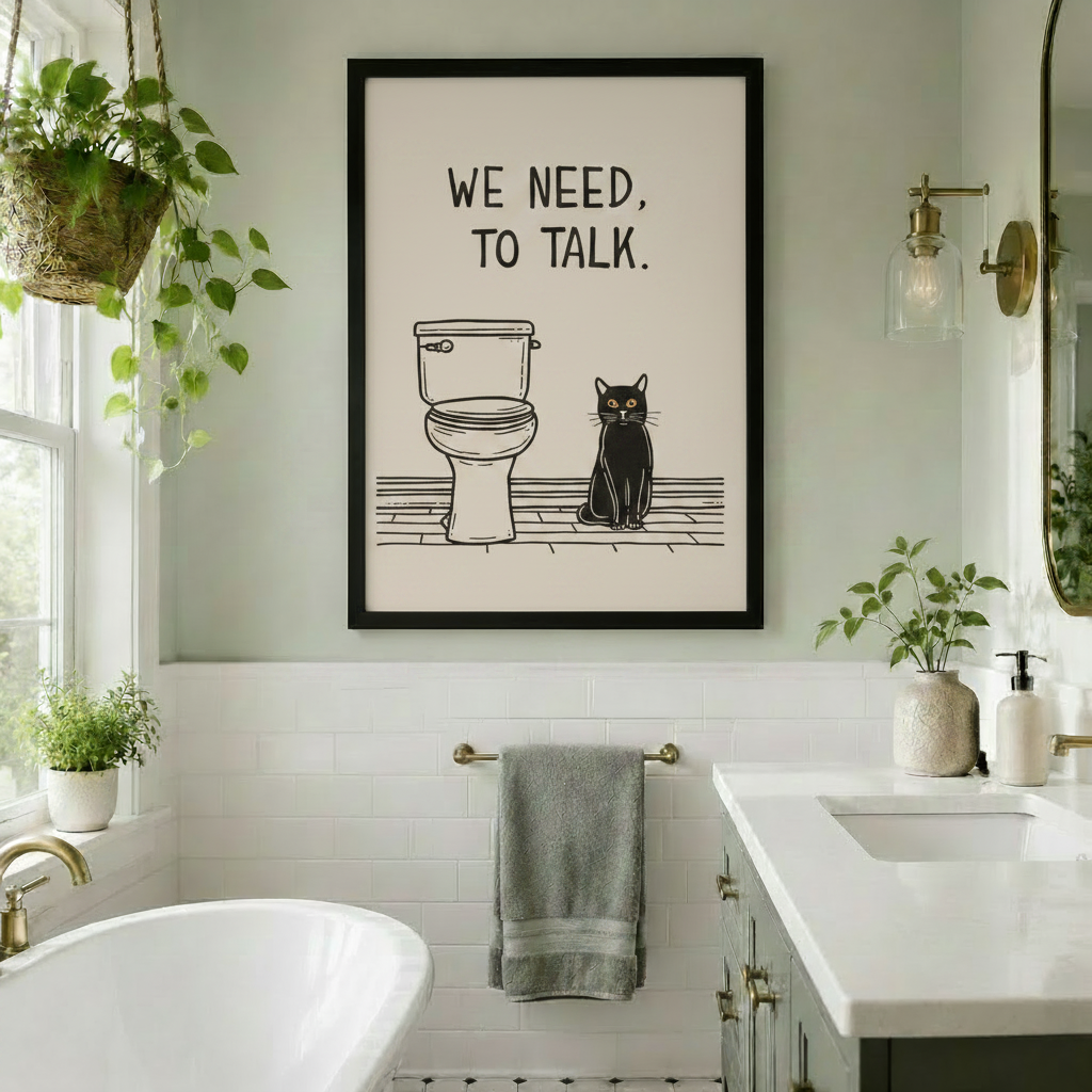 Black framed whimsical we need to talk black cat bathroom quote canvas art with bold hand-lettered we need to talk above a minimalist line drawing of a toilet and a serious black cat with amber eyes sitting on a wood-grain floor in a clean black and off-white composition, hung in a bright bathroom with a freestanding white soaking tub, white subway tiles, gold hardware, a gray towel on a towel bar, hanging potted plants, a double vanity with a soap dispenser, and a gold glass sconce