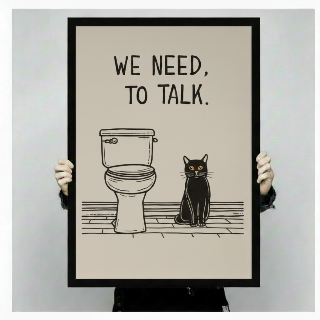 Person holding a large vertical black framed funny we need to talk black cat bathroom canvas art print showing bold blocky hand-lettered we need to talk text above a simple line art toilet and a stern black cat with amber eyes seated on a sketched wood floor in a minimalist black and warm cream palette against a light gray background