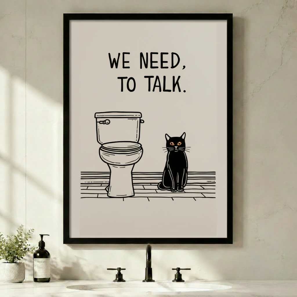 Black framed funny we need to talk black cat bathroom canvas art with bold hand-lettered we need to talk text above a minimalist line drawing of a toilet beside a serious black cat with amber eyes sitting on a wood-grain floor in a clean black and white composition on a warm off-white background, displayed above a minimalist bathroom sink with a black faucet, soap dispenser, and small potted plant