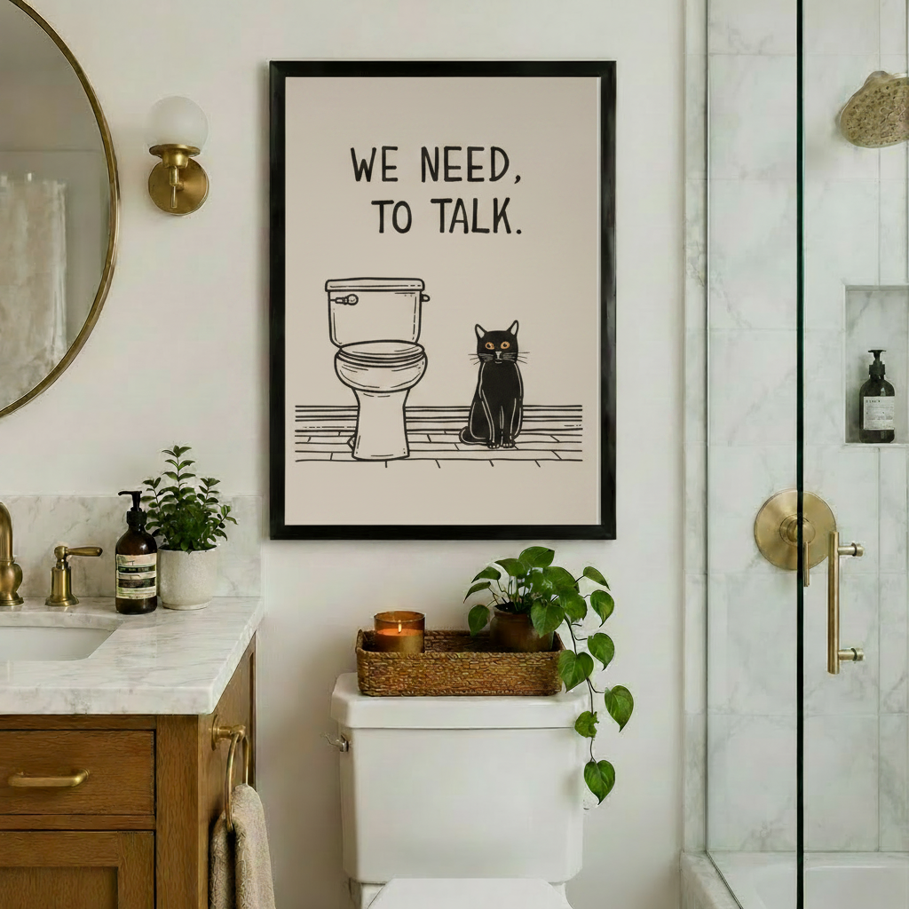 Black framed funny we need to talk black cat bathroom quote canvas art with bold hand-lettered we need to talk above a minimalist line drawing of a toilet and a serious black cat with amber eyes sitting on a wood-grain floor in a clean black and off-white composition, hung above a toilet in an elegant bathroom with marble countertops, a wood vanity, gold hardware, a round mirror, a gold wall sconce, a glass shower enclosure, and lush green plants with a lit candle