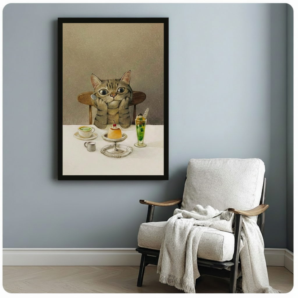 Funny tabby cat gazing at cafe sweets including flan and matcha, framed art print above armchair in light blue Scandinavian-style room