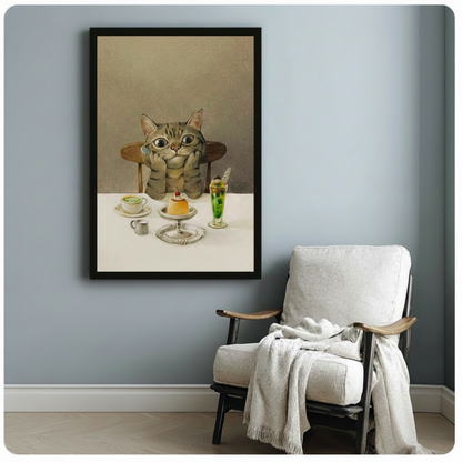 Funny tabby cat gazing at cafe sweets including flan and matcha, framed art print above armchair in light blue Scandinavian-style room