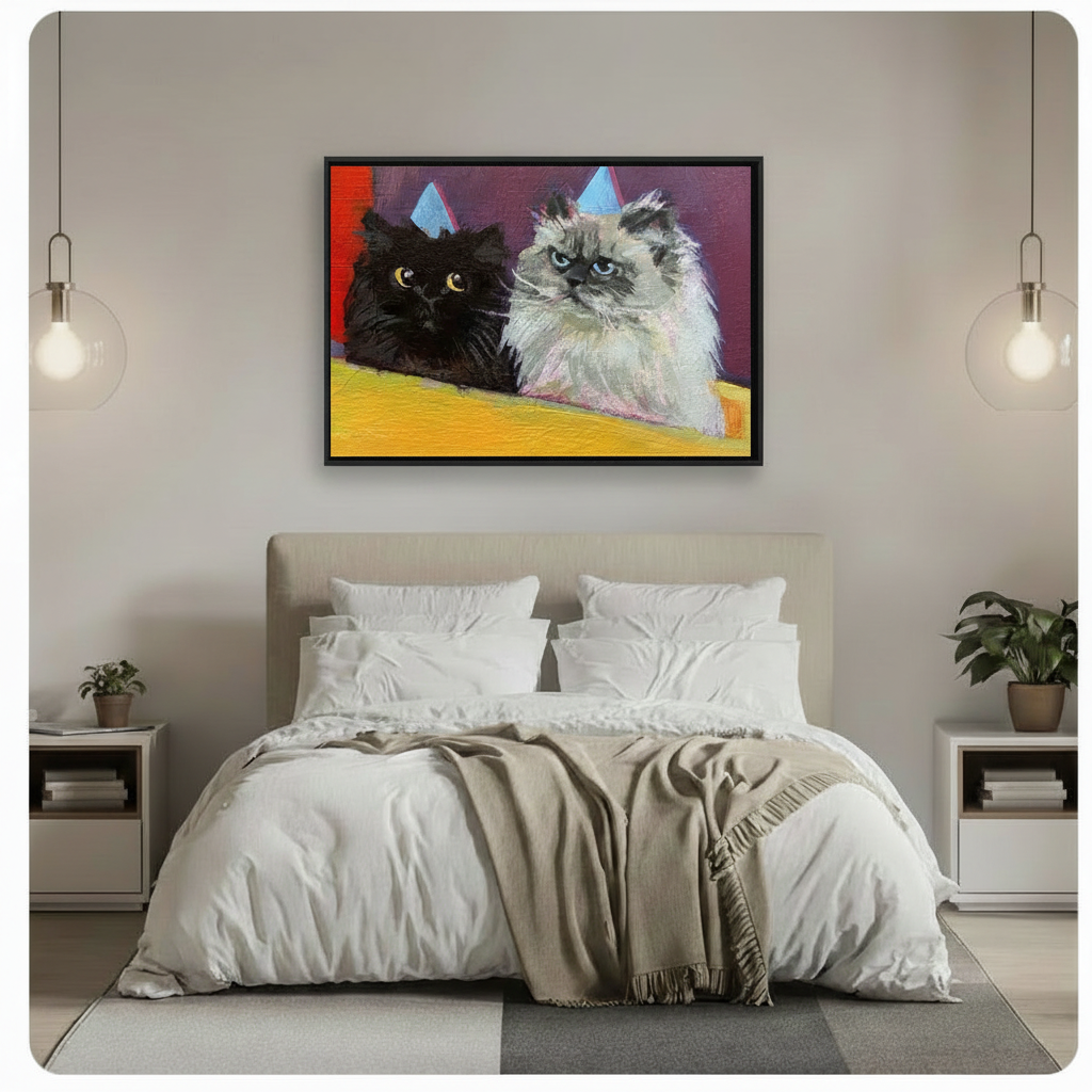 funny Persian cats canvas wall art above bed bedroom light gray wall pendant lights