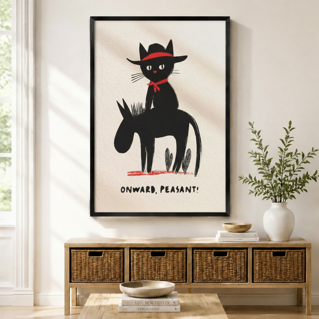 Black framed funny cowboy black cat on donkey illustration with bold red accents and "Onward Peasant" text mounted above a wicker basket storage console with white ceramic vases, stacked books, and a wooden bowl in a warm minimal entryway