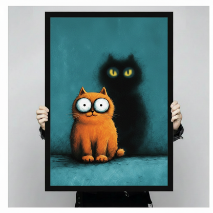 Hand-held product shot of a framed fine art print showing a wide-eyed ginger cat with a dramatic black shadow cat on teal background