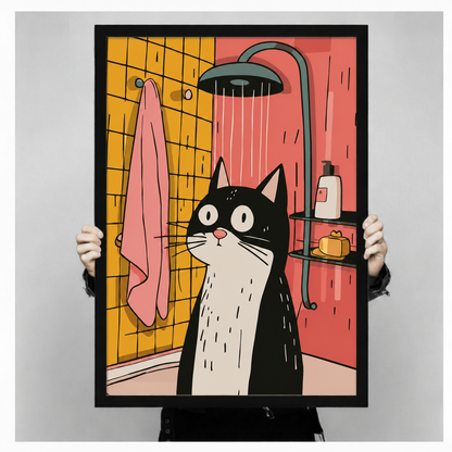 Person holding large framed canvas art print of a surprised tuxedo cat standing in a colorful cartoon shower scene