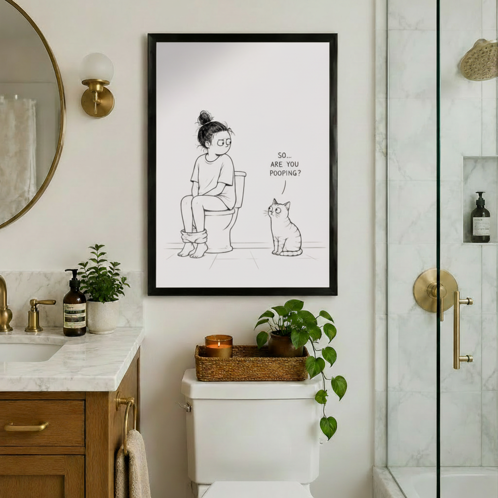 Gallery wrapped canvas print featuring a humorous line drawing of a woman on a toilet and a nosy cat with speech bubble, displayed in a clean modern bathroom