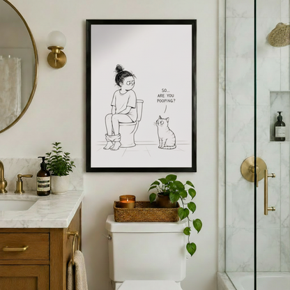 Gallery wrapped canvas print featuring a humorous line drawing of a woman on a toilet and a nosy cat with speech bubble, displayed in a clean modern bathroom
