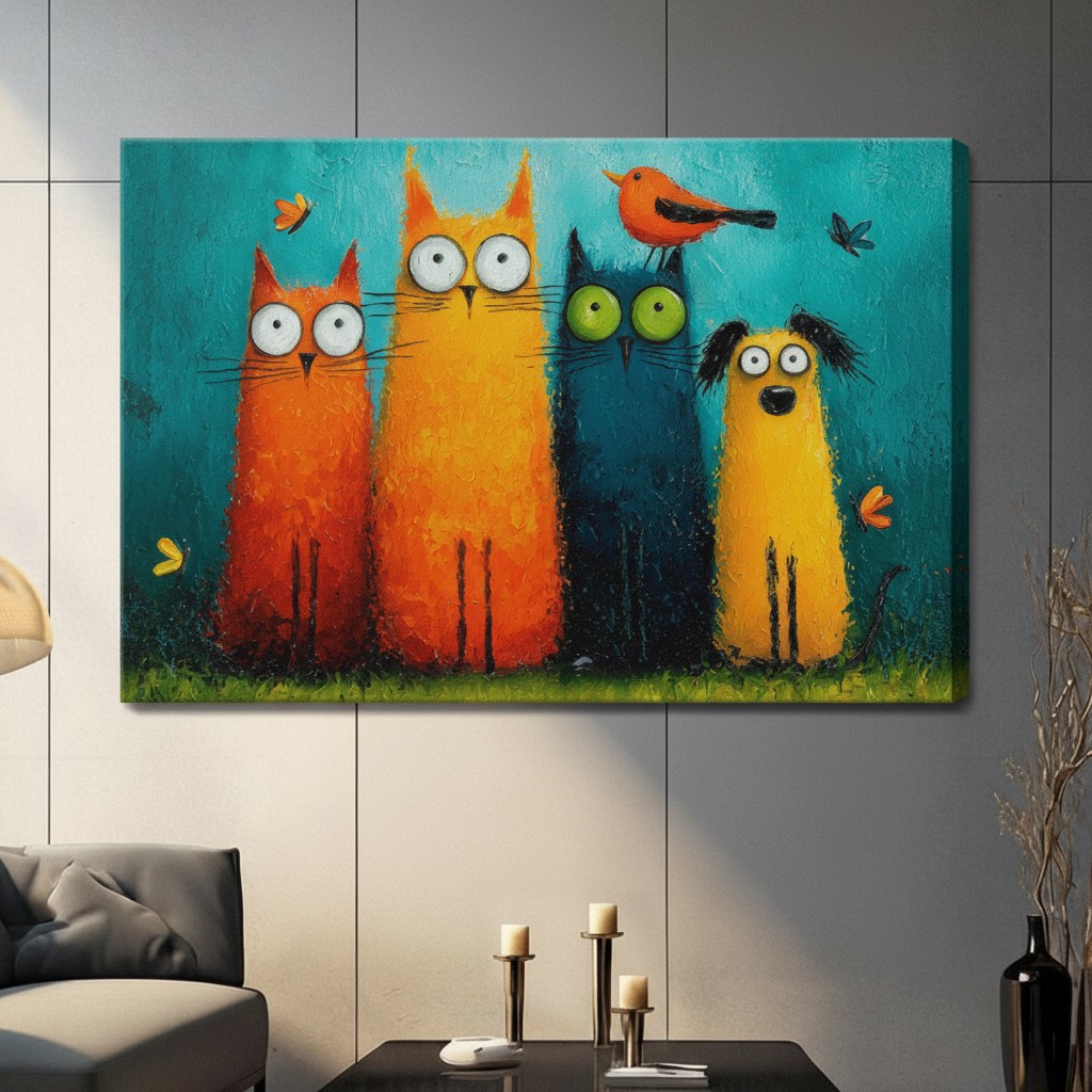 Unframed stretched canvas print of a quirky animal squad featuring two wide-eyed orange cats a teal blue cat with green eyes and a yellow dog with a red bird perched above in vibrant impasto oil painting style on a teal textured background