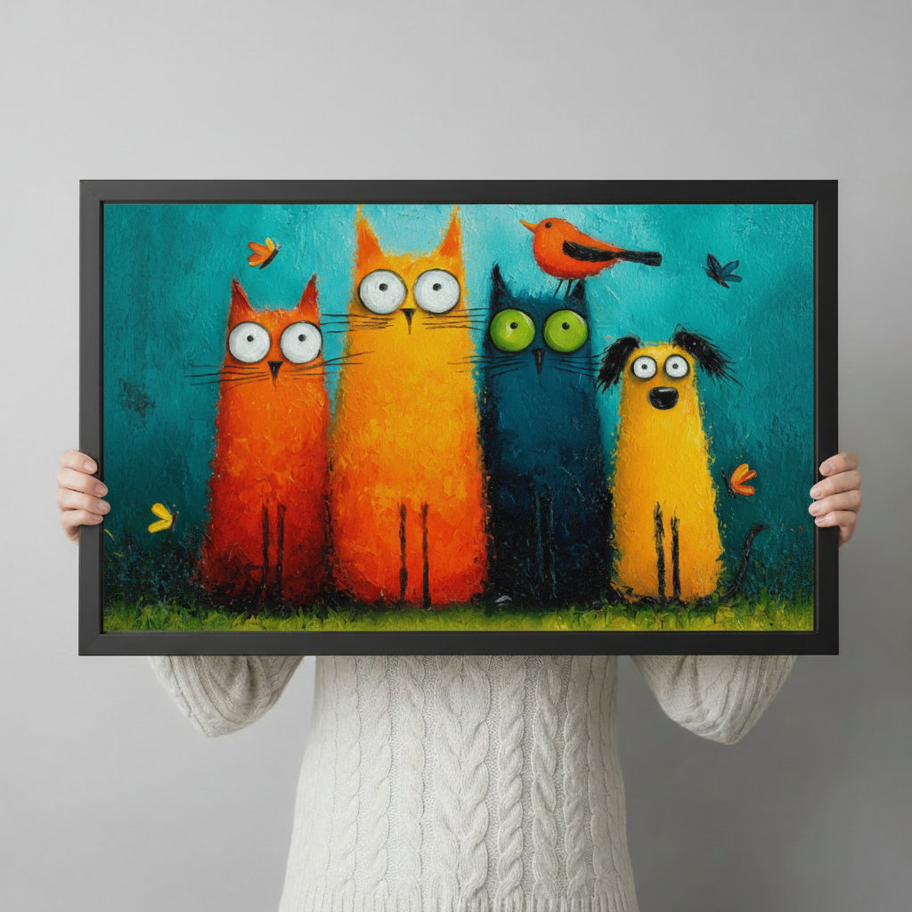 Person holding a large black framed funny animal squad canvas art print showing print size scale with two orange cats a blue cat a yellow dog and a red robin bird in bold colorful impasto oil painting style on a teal blue background
