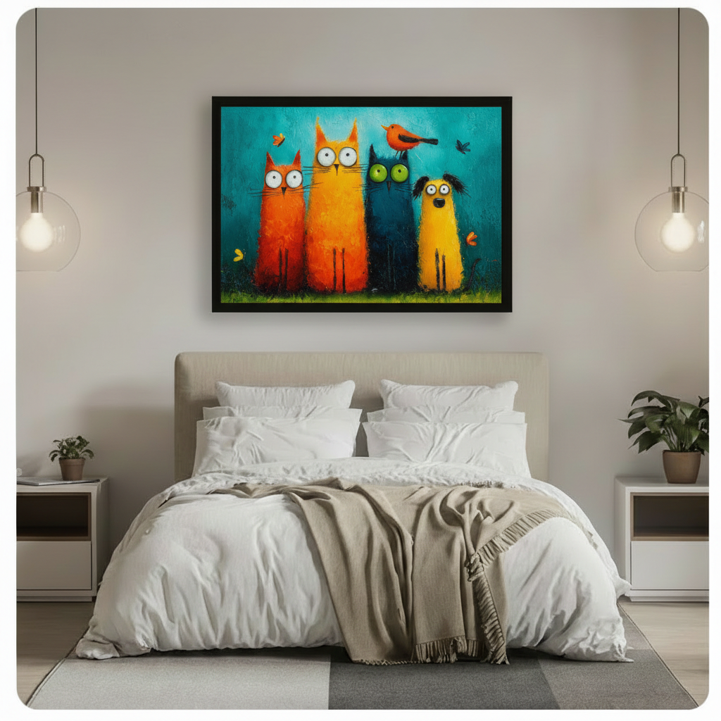 Framed funny impasto oil painting of two big-eyed orange cats a green-eyed blue cat a yellow dog and a red bird canvas wall art with vibrant teal blue background hung above an upholstered bed with white bedding in a modern bedroom with pendant lights