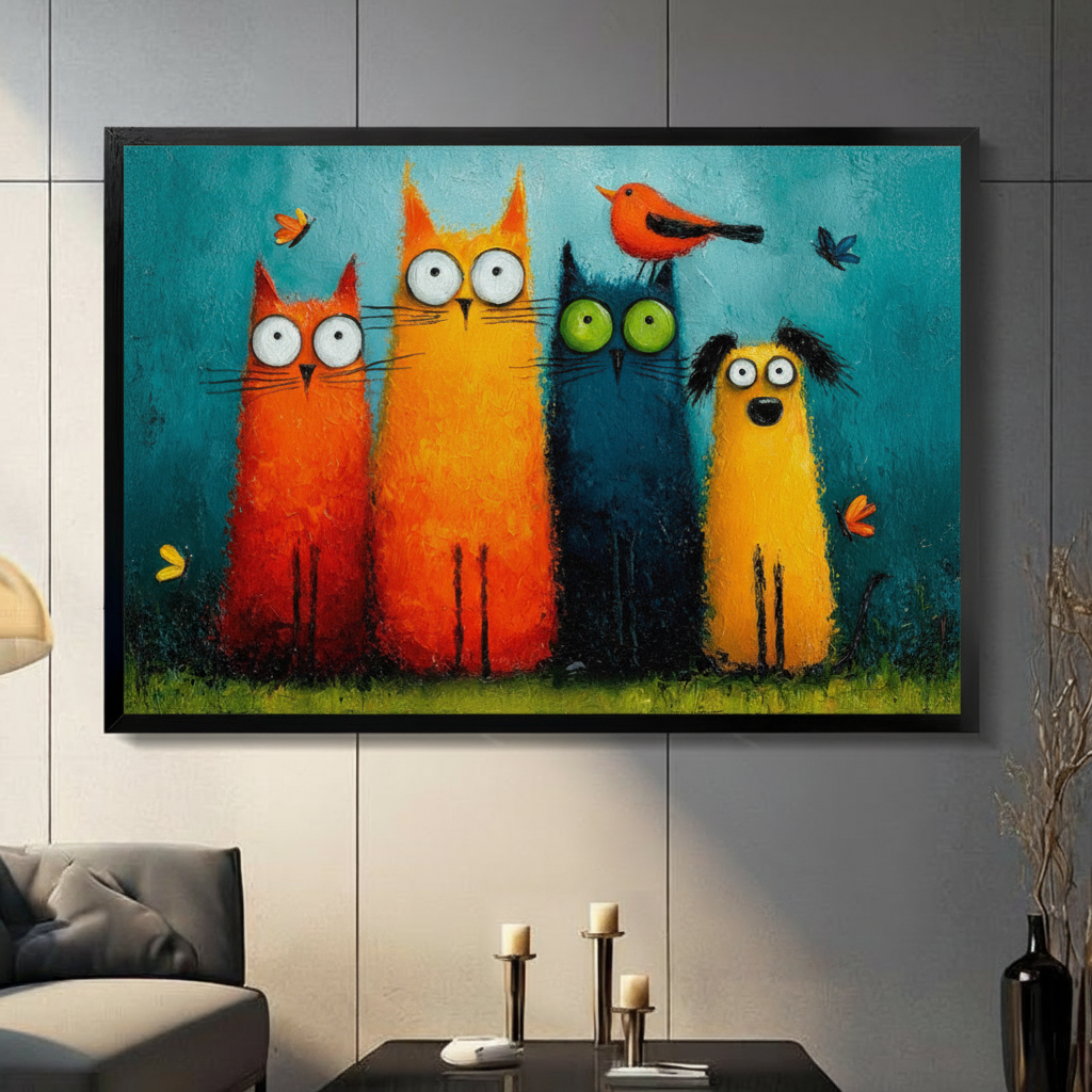 Framed funny impasto oil painting canvas wall art of two big-eyed orange cats a green-eyed blue cat and a yellow dog standing together with a red robin bird on a teal blue textured background displayed on a light grey wall in a modern living room