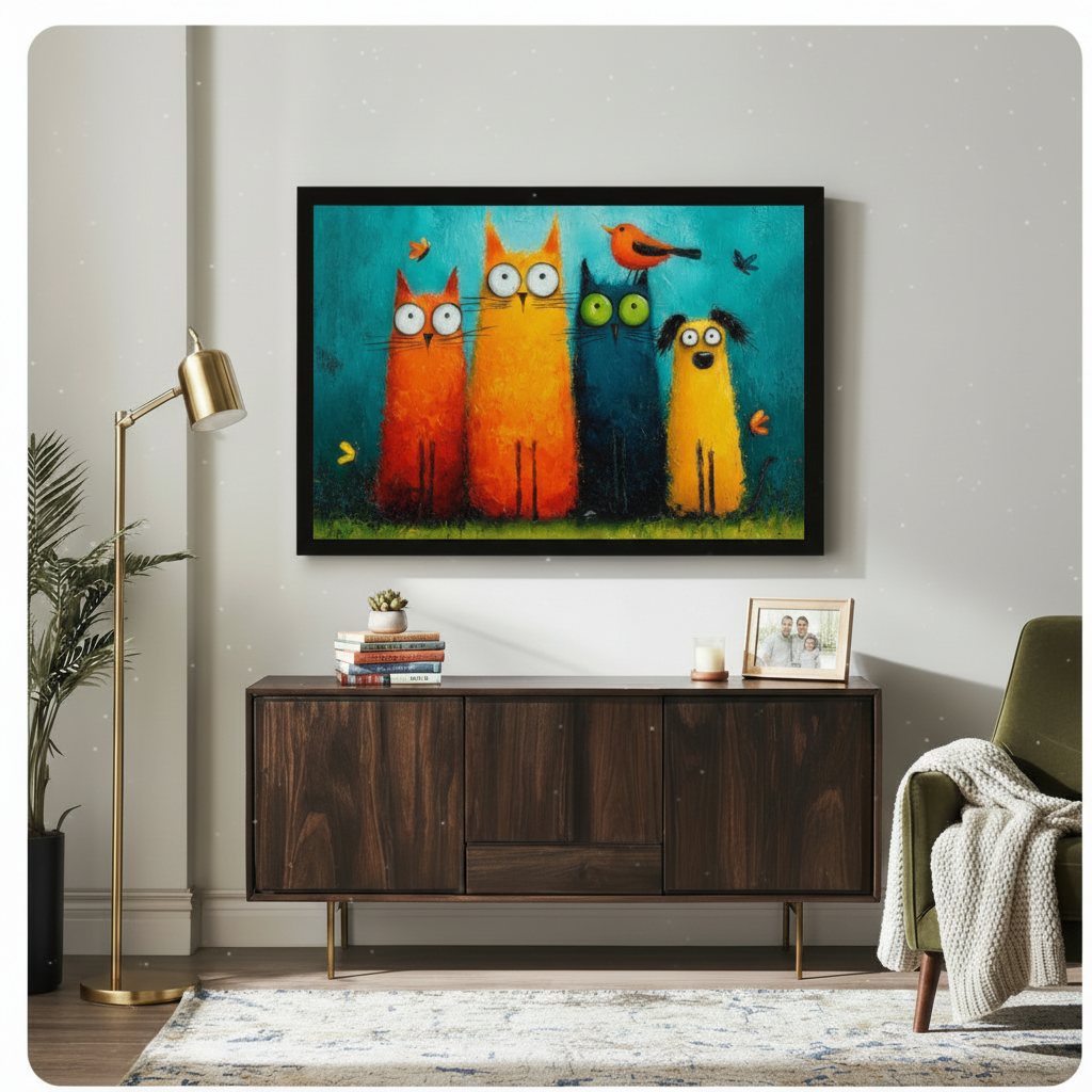 Black framed colorful funny animal squad canvas art print with two orange cats a teal blue cat a yellow dog and a red robin in vibrant impasto oil painting style on a teal background above a dark walnut sideboard in an eclectic living room with gold floor lamp