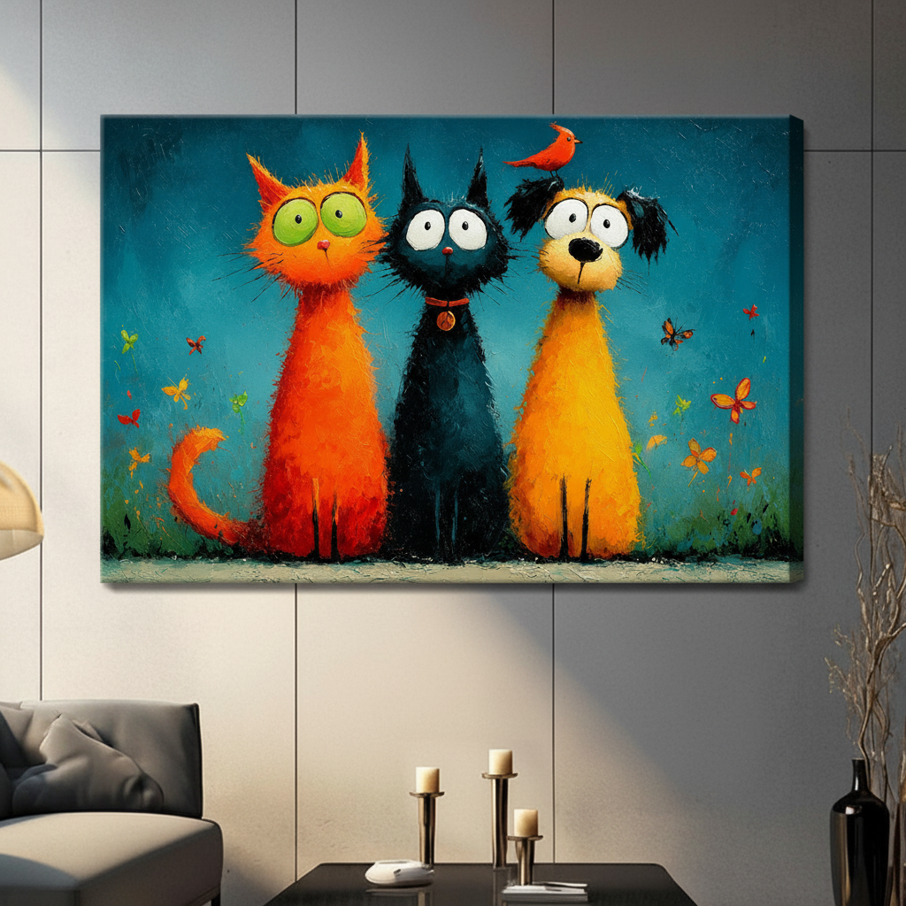 Funny big-eyed cats and dog with red bird gallery wrap canvas print on teal background hanging on grey panel wall in contemporary living space