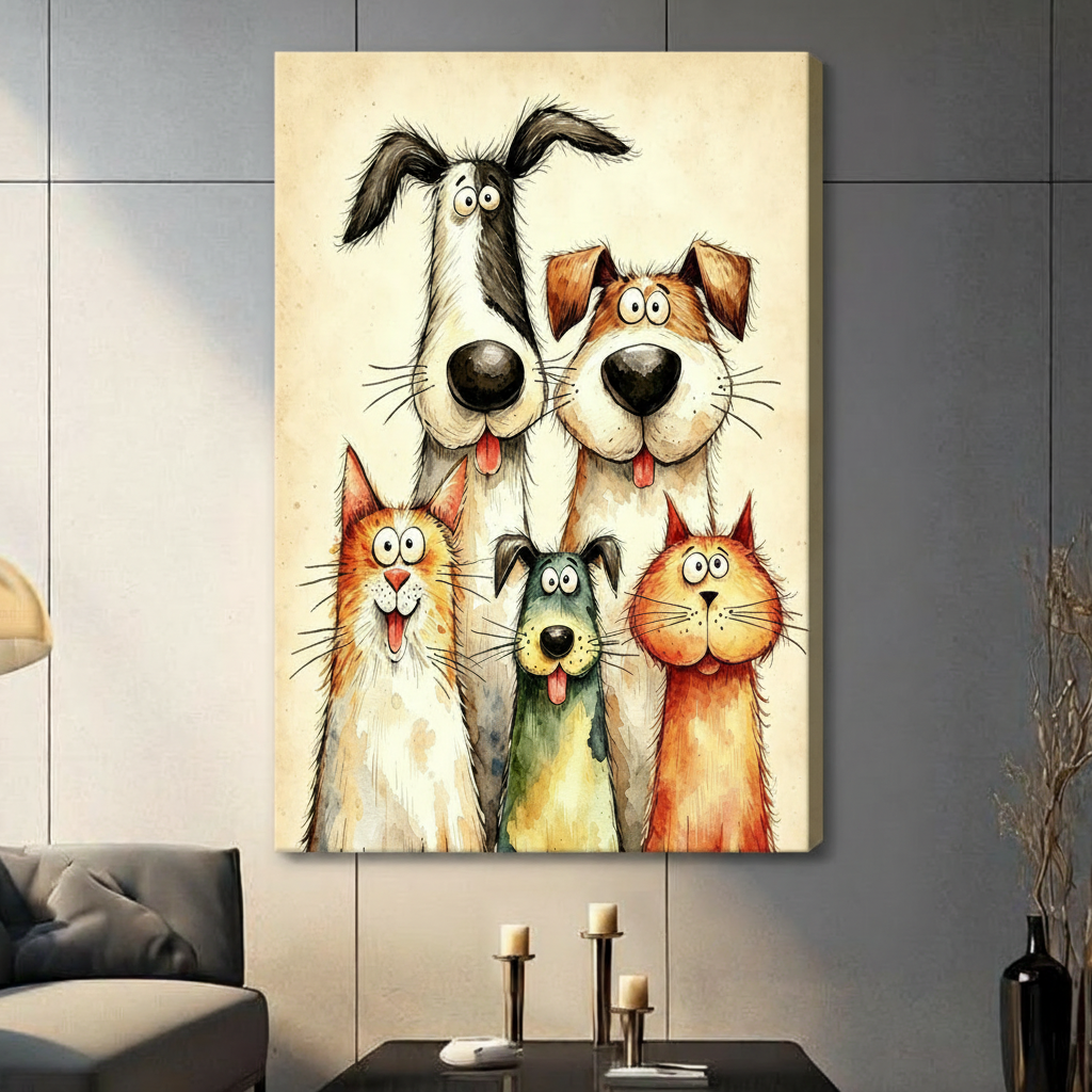 Whimsical watercolor illustration of two tall dogs and three pets including two cats and a small dog crowding together in a cheerful group portrait on a beige vintage background funny pet wall art stretched canvas in living room with dark gray panel wall and dark sofa