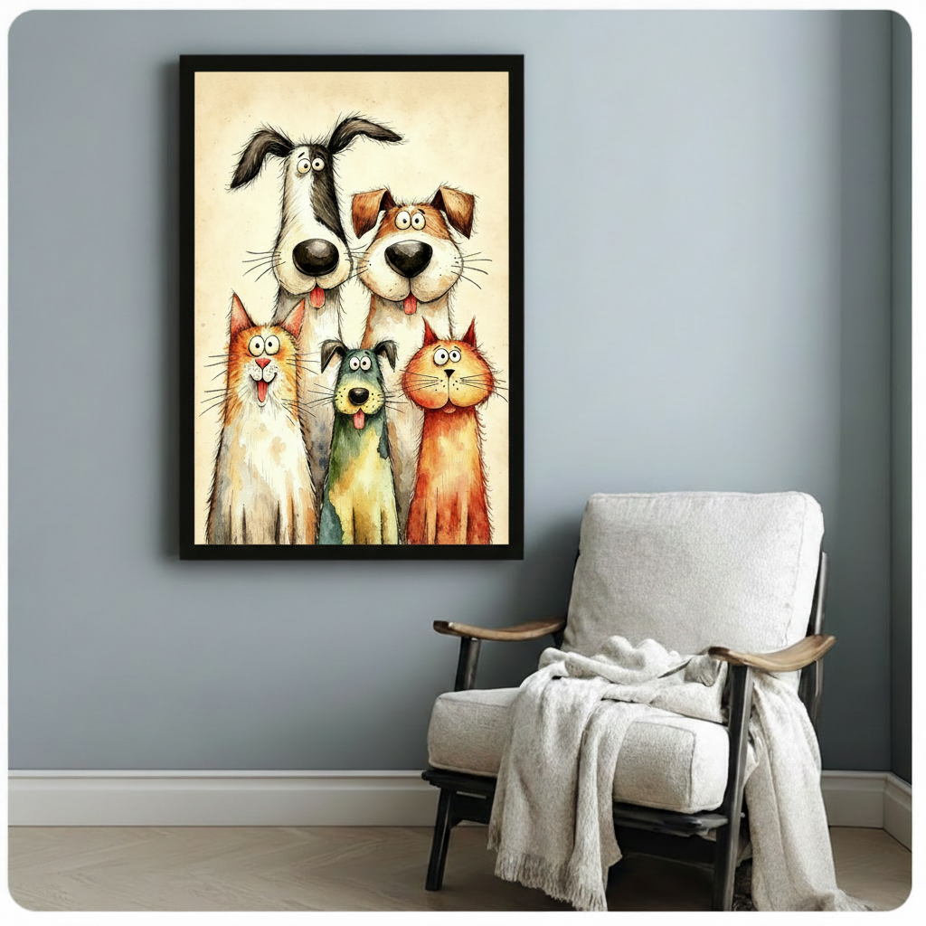 Whimsical watercolor illustration of two tall dogs and three pets including two cats and a small dog crowding together in a cheerful group portrait on a beige vintage background funny pet wall art framed print beside linen armchair on blue-gray wall