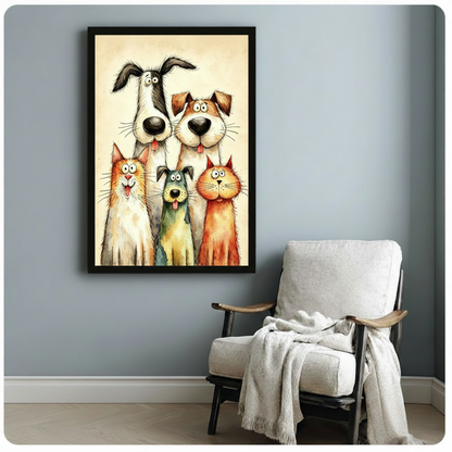 Whimsical watercolor illustration of two tall dogs and three pets including two cats and a small dog crowding together in a cheerful group portrait on a beige vintage background funny pet wall art framed print beside linen armchair on blue-gray wall
