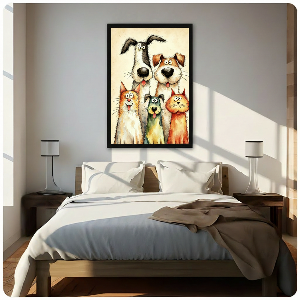 Whimsical watercolor illustration of two tall dogs and three pets including two cats and a small dog crowding together in a cheerful group portrait on a beige vintage background funny pet wall art framed print above bedroom with white bedding and dark wood bedside tables