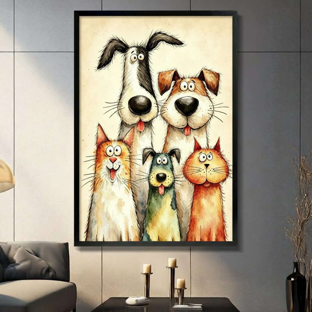 Whimsical watercolor illustration of two tall dogs and three pets including two cats and a small dog crowding together in a cheerful group portrait on a beige vintage background funny pet wall art framed print in living room with dark gray panel wall and dark sofa