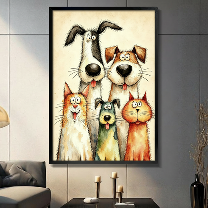 Whimsical watercolor illustration of two tall dogs and three pets including two cats and a small dog crowding together in a cheerful group portrait on a beige vintage background funny pet wall art framed print in living room with dark gray panel wall and dark sofa
