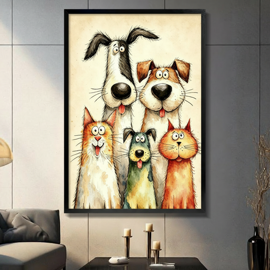Whimsical watercolor illustration of two tall dogs and three pets including two cats and a small dog crowding together in a cheerful group portrait on a beige vintage background funny pet wall art framed print in living room with dark gray panel wall and dark sofa