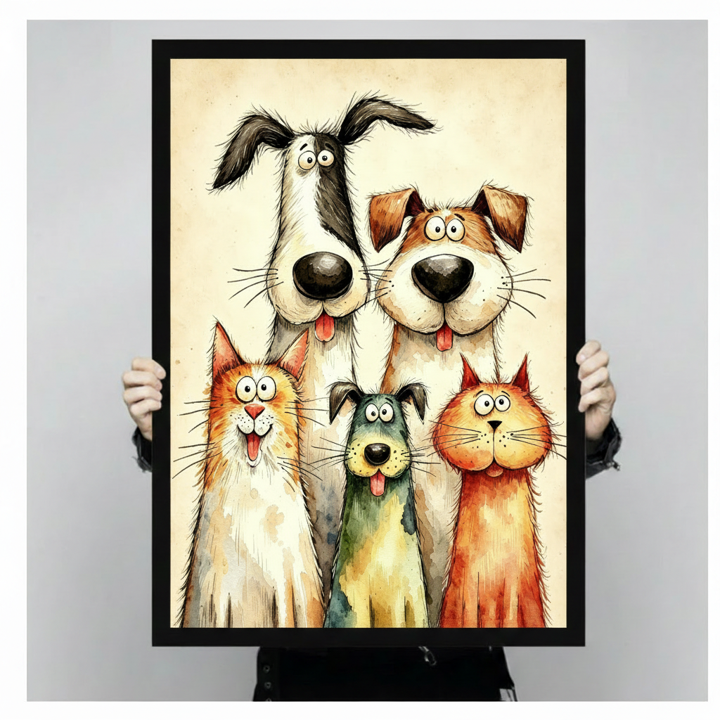 Whimsical watercolor illustration of two tall dogs and three pets including two cats and a small dog crowding together in a cheerful group portrait on a beige vintage background funny pet wall art framed print held against light gray background