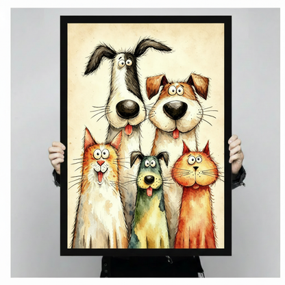 Whimsical watercolor illustration of two tall dogs and three pets including two cats and a small dog crowding together in a cheerful group portrait on a beige vintage background funny pet wall art framed print held against light gray background