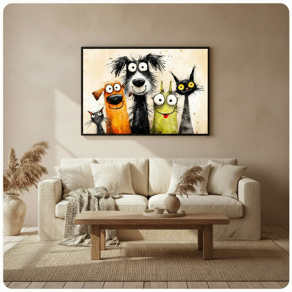 Whimsical cartoon dogs and cats canvas wall art above cream sofa in warm boho living room – fun pet lover home decor