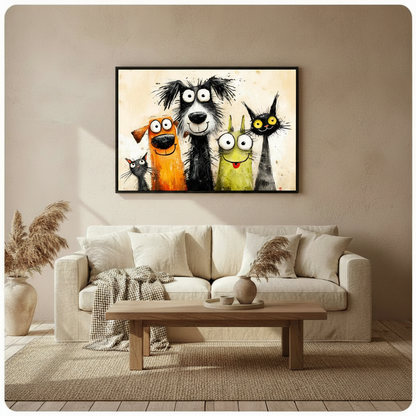 Whimsical cartoon dogs and cats canvas wall art above cream sofa in warm boho living room – fun pet lover home decor