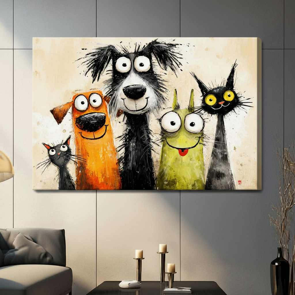 Frameless whimsical cats and dogs canvas print with big eyes hung in contemporary grey living room – colorful pet wall art